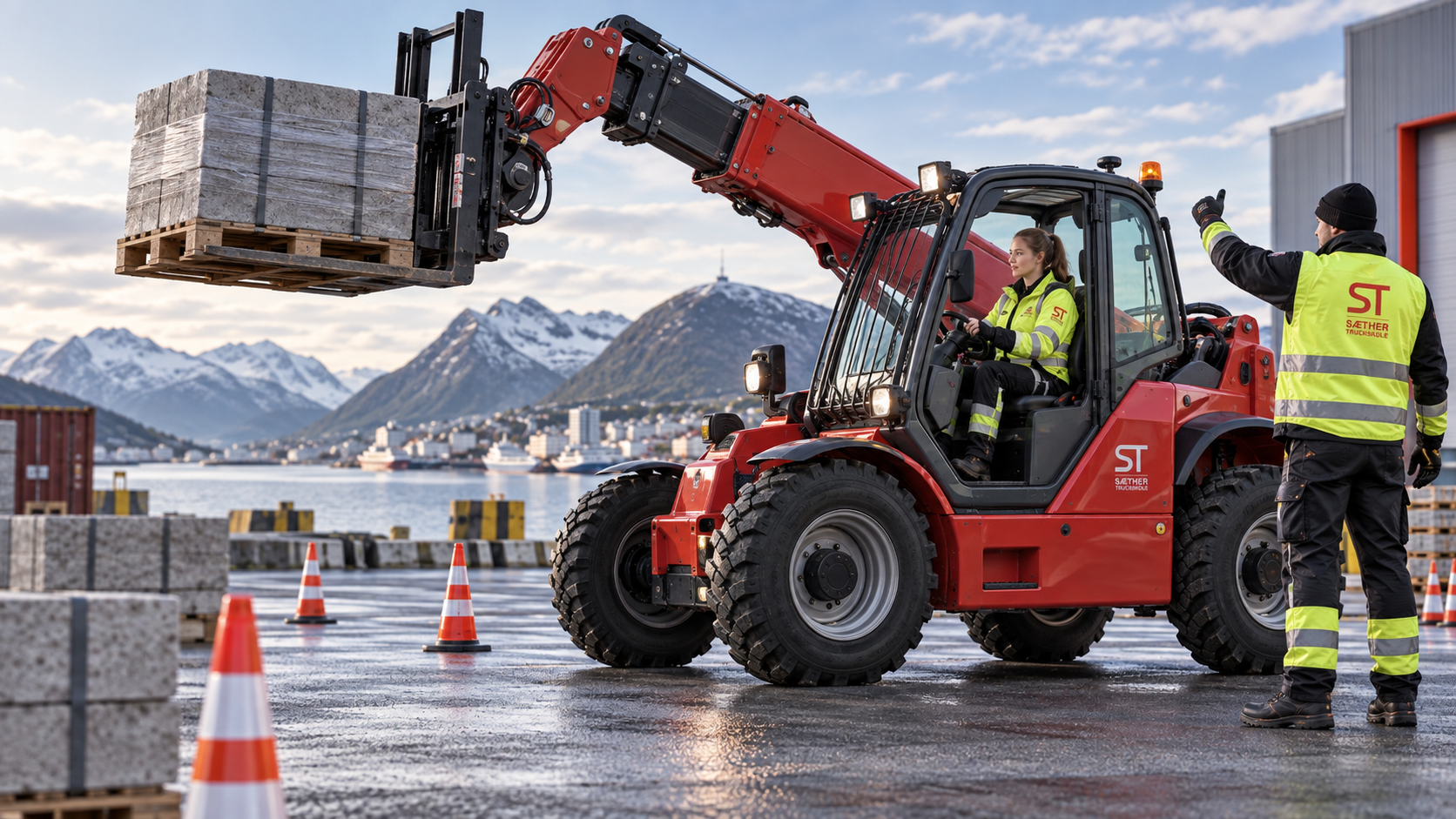 Teleskoptruck under opplæring ved industriområde og fjord