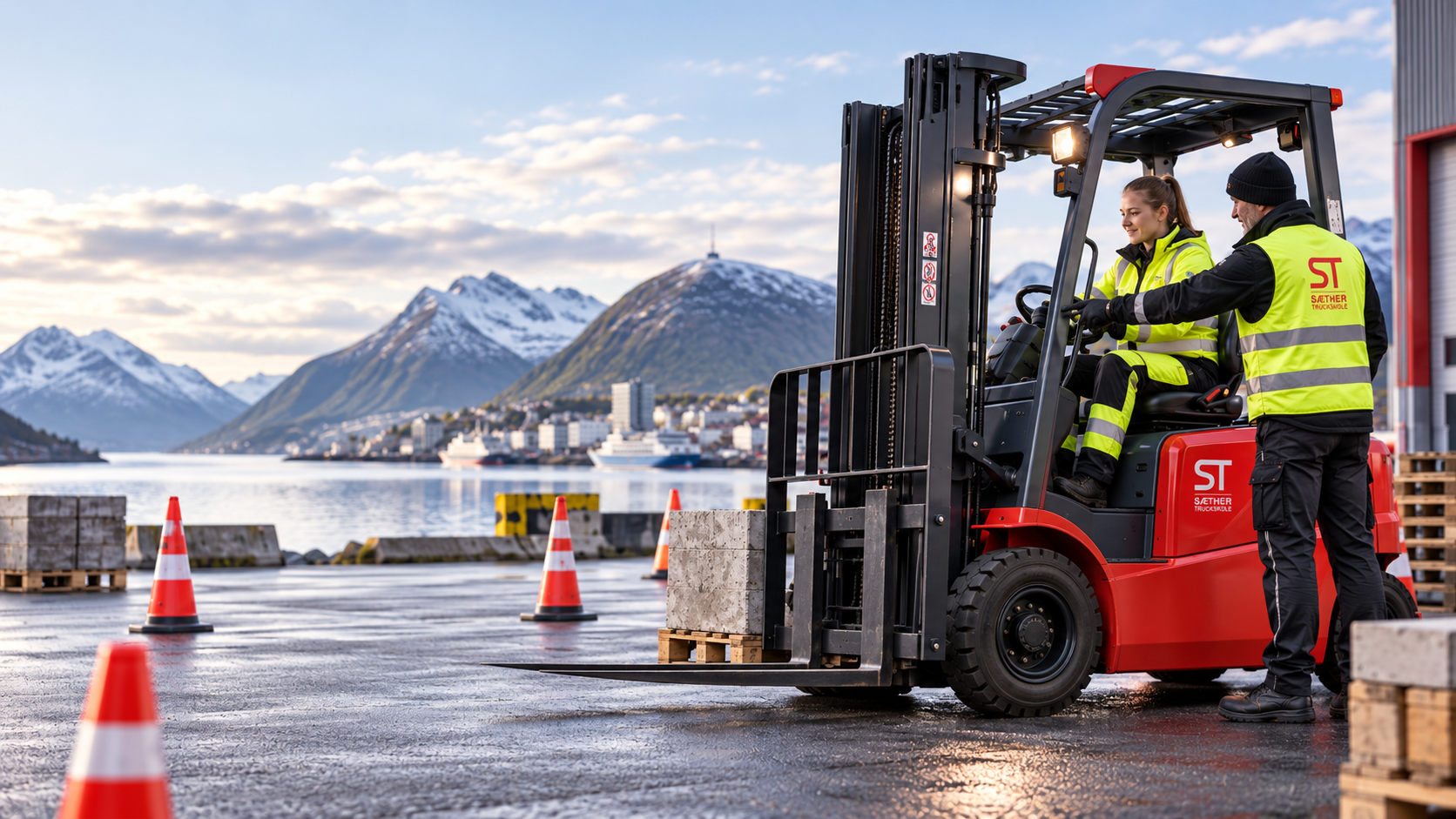 Truckføreropplæring med rød truck ved fjorden